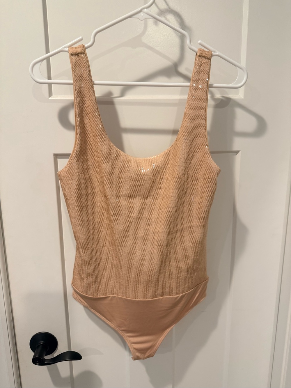 Express Nude/Beige Sequined Scoop Neck Bodysuit
